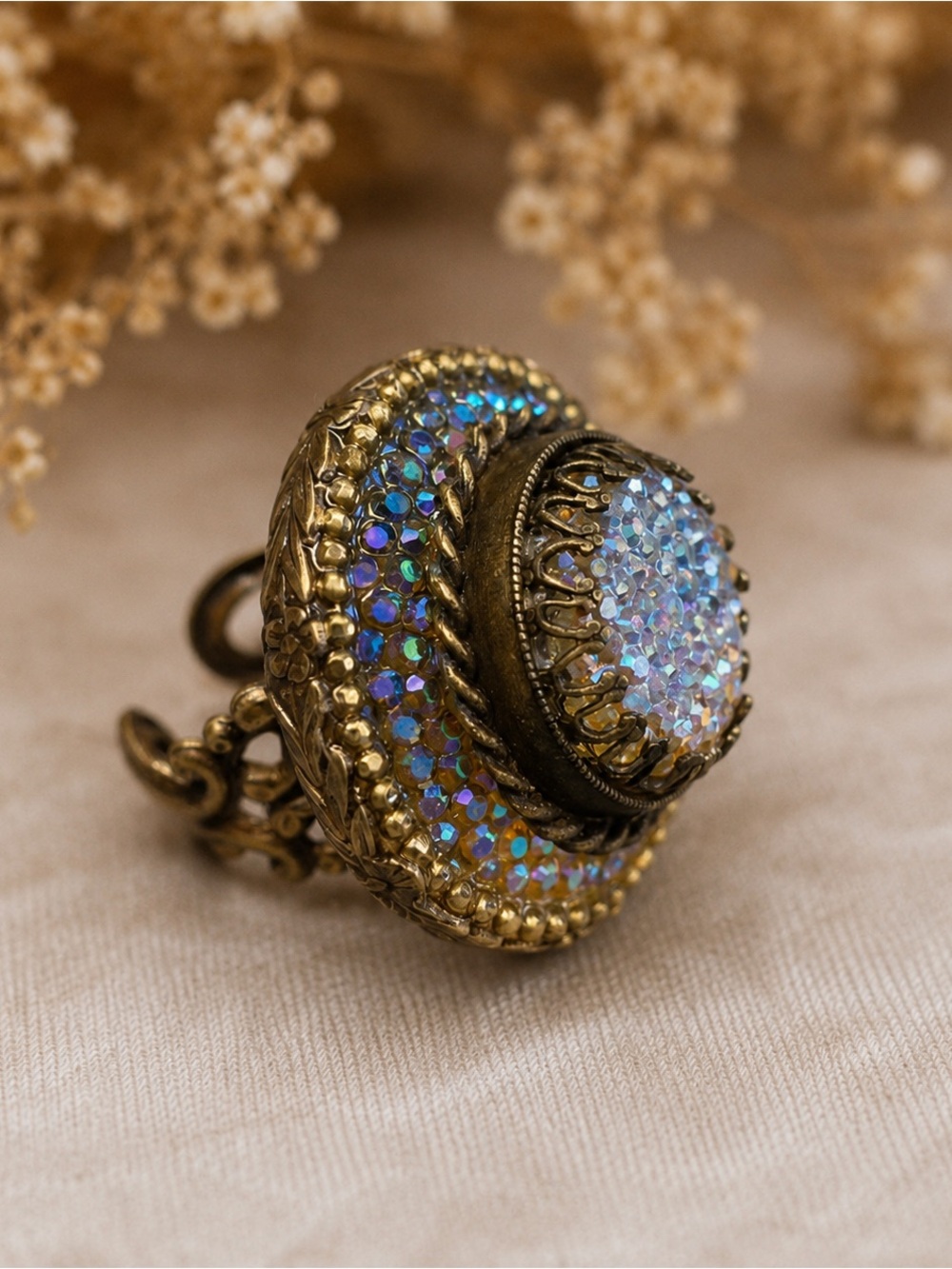 Vintage Ollipop USA Aurora Borealis Crystal Dome Statement Ring Large Adjustable